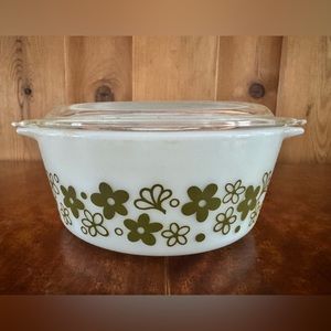 Vintage Pyrex Spring Blossom green pattern casserole dish with lid